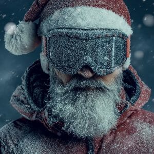 Weihnachtsmann mit Sonnenbrille im Schneesturm
