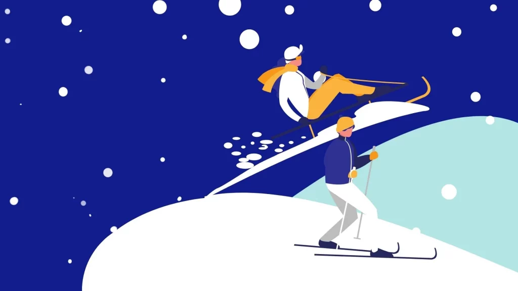 Grafik eines Skifahrers und Schlittenfahrers im Schnee